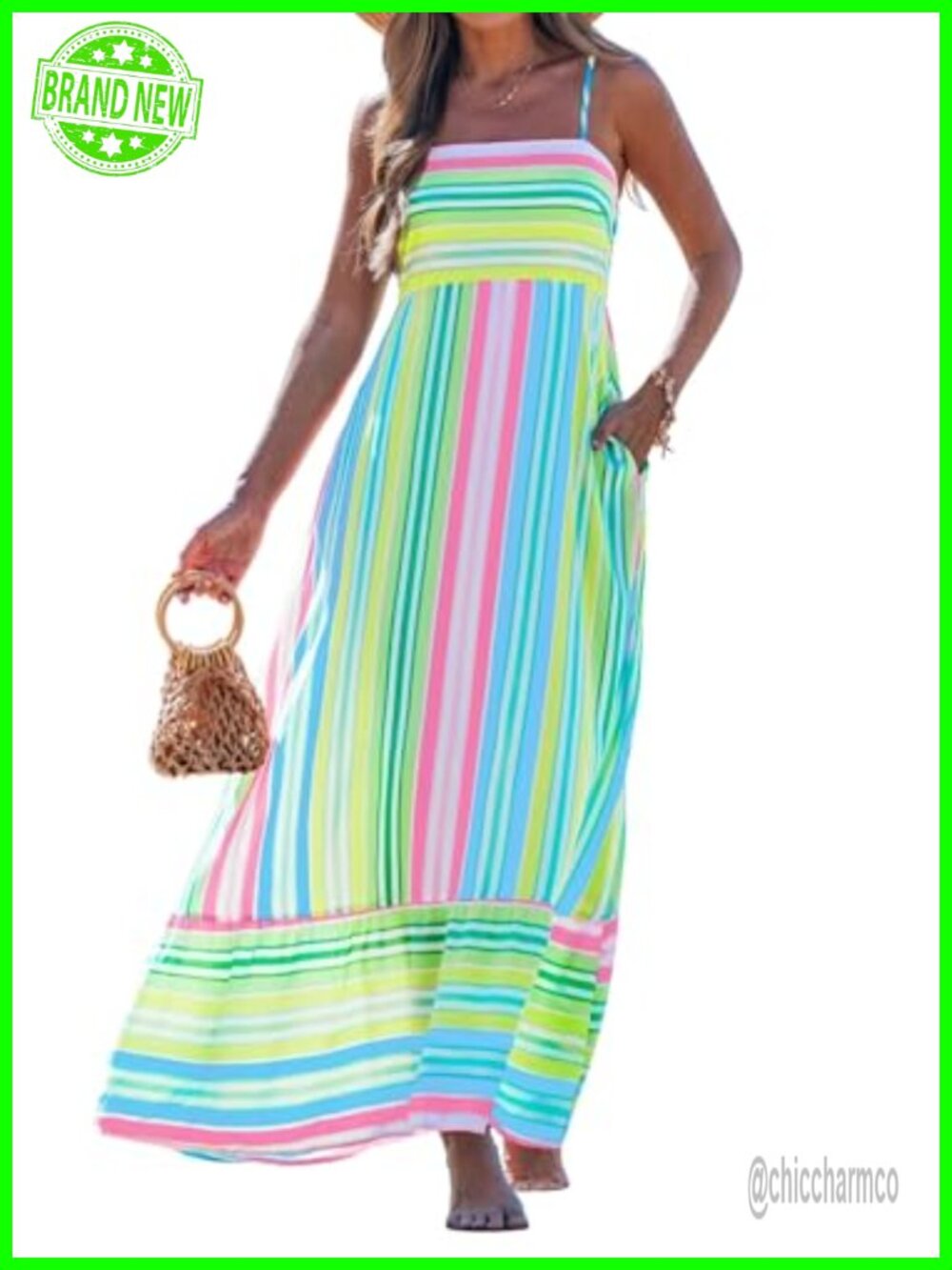 Spaghetti Strap Boho Maxi Dress Sleeveless A-Line Beach Casual